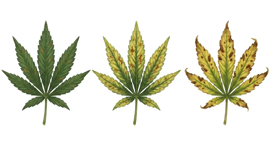 Painterly progression of calcium-magnesium deficiency — rust spotting and tip burn