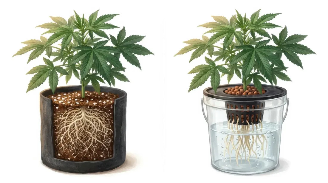 Painterly coco-coir root zone beside a DWC root zone