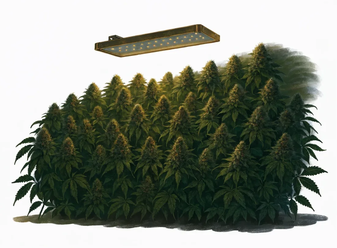 Painterly grow light raised at a healthy distance over an even dense canopy — the corrective for foxtailing