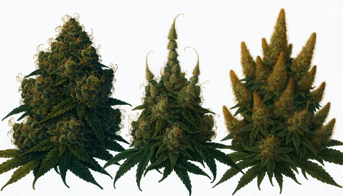Painterly progression of foxtailing — dense healthy cola through to spiky finger-like calyx towers