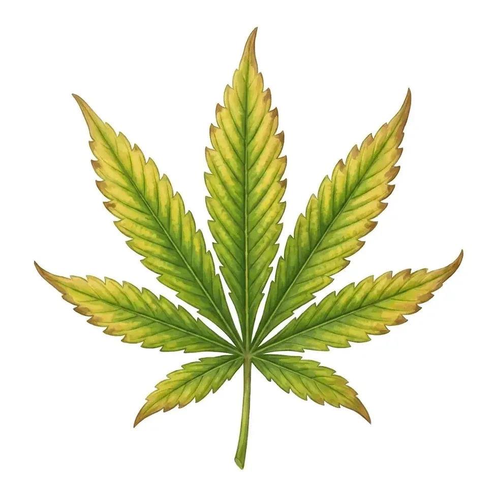 Painterly diagnosis plate of magnesium deficiency — interveinal yellowing on an older fan leaf with the veins holding green