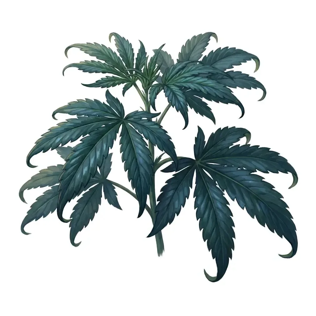 Painterly diagnosis plate of nitrogen toxicity — deep blue-green leaves with tips clawing and curling downward