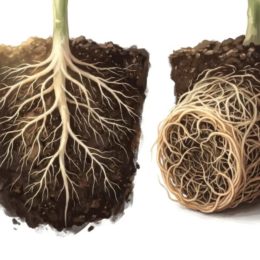 Painterly healthy taproot beside a tightly coiled root-bound rootball