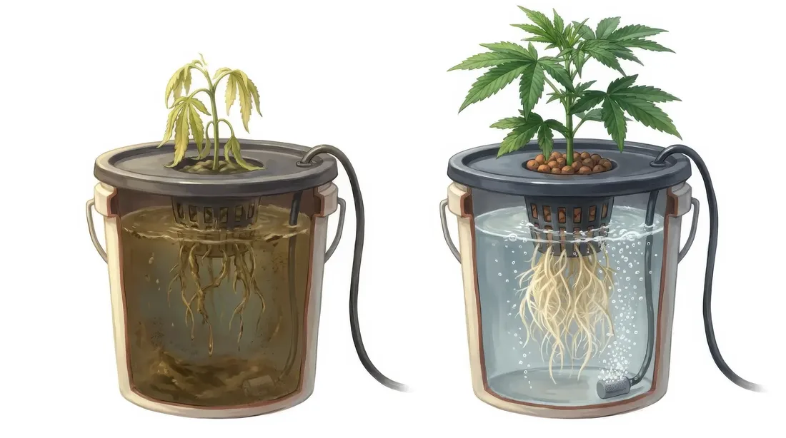 Painterly cutaway of a neglected DWC bucket beside a healthy one