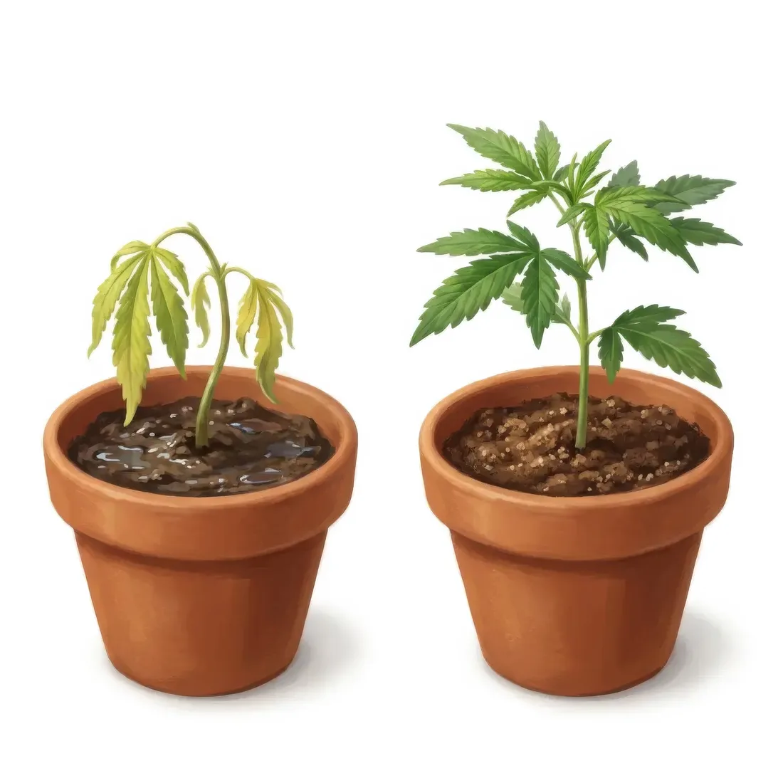 Painterly comparison of an overwatered seedling beside a healthy one