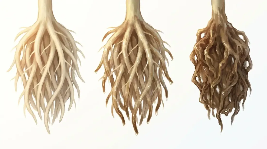 Painterly cross-section of cannabis roots turning from white to brown rot