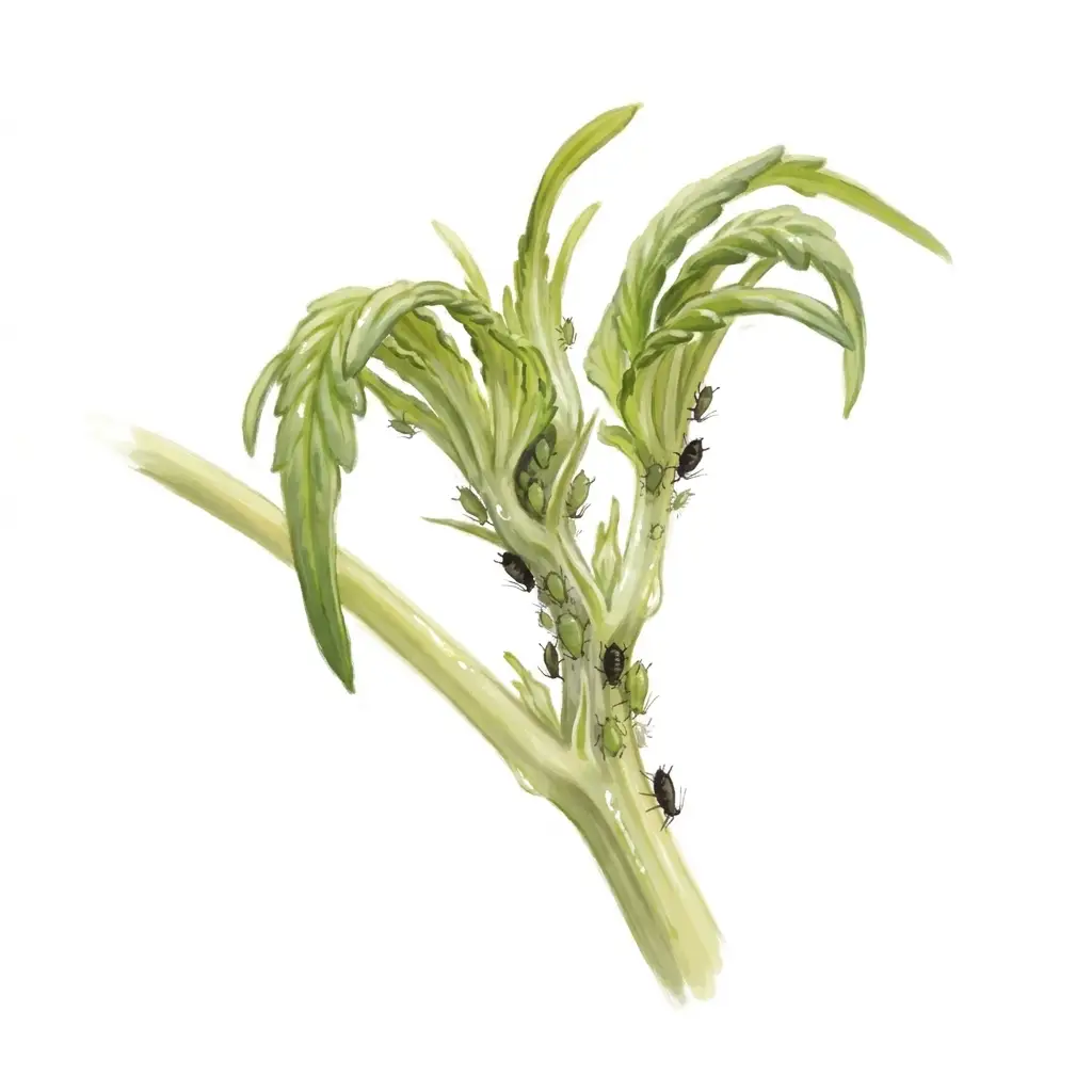Cannabis leaf underside clustered with green aphids