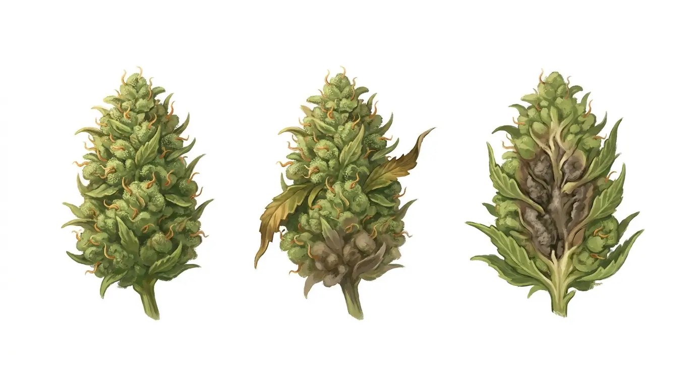 Three-stage progression of botrytis bud rot from healthy to collapsed cola