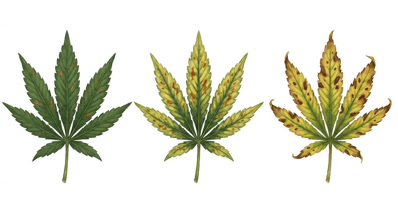 Three-stage progression of calcium-magnesium deficiency on a cannabis leaf