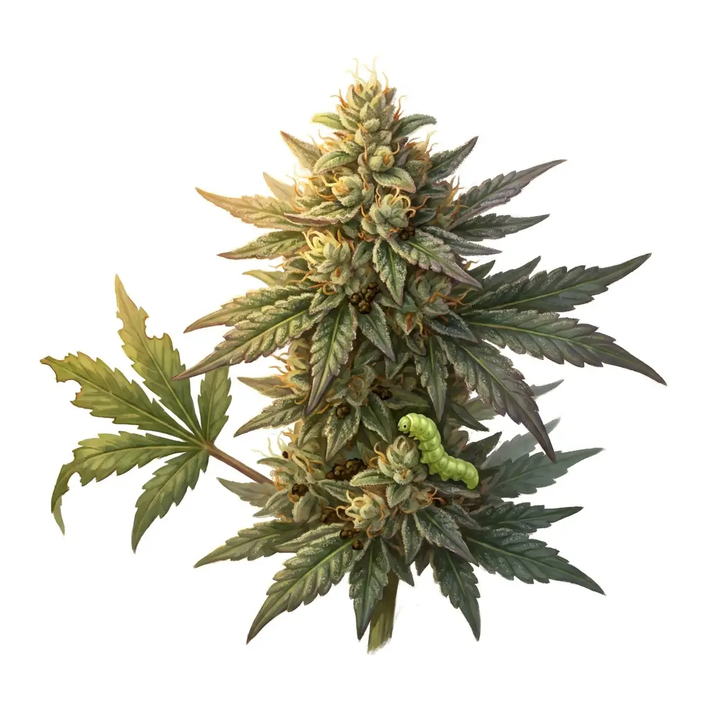 Cannabis bud bored into by a budworm caterpillar with frass