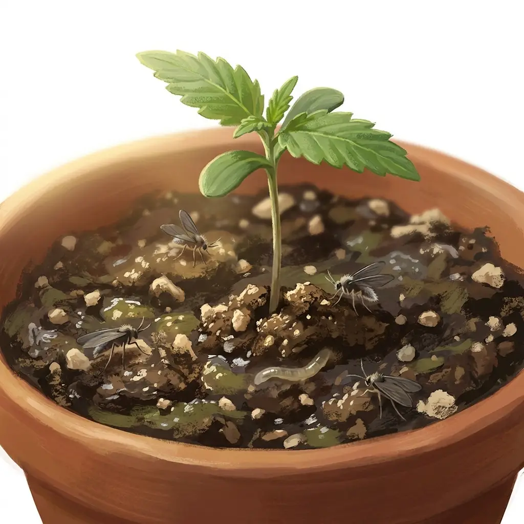 Fungus gnats on damp cannabis soil surface