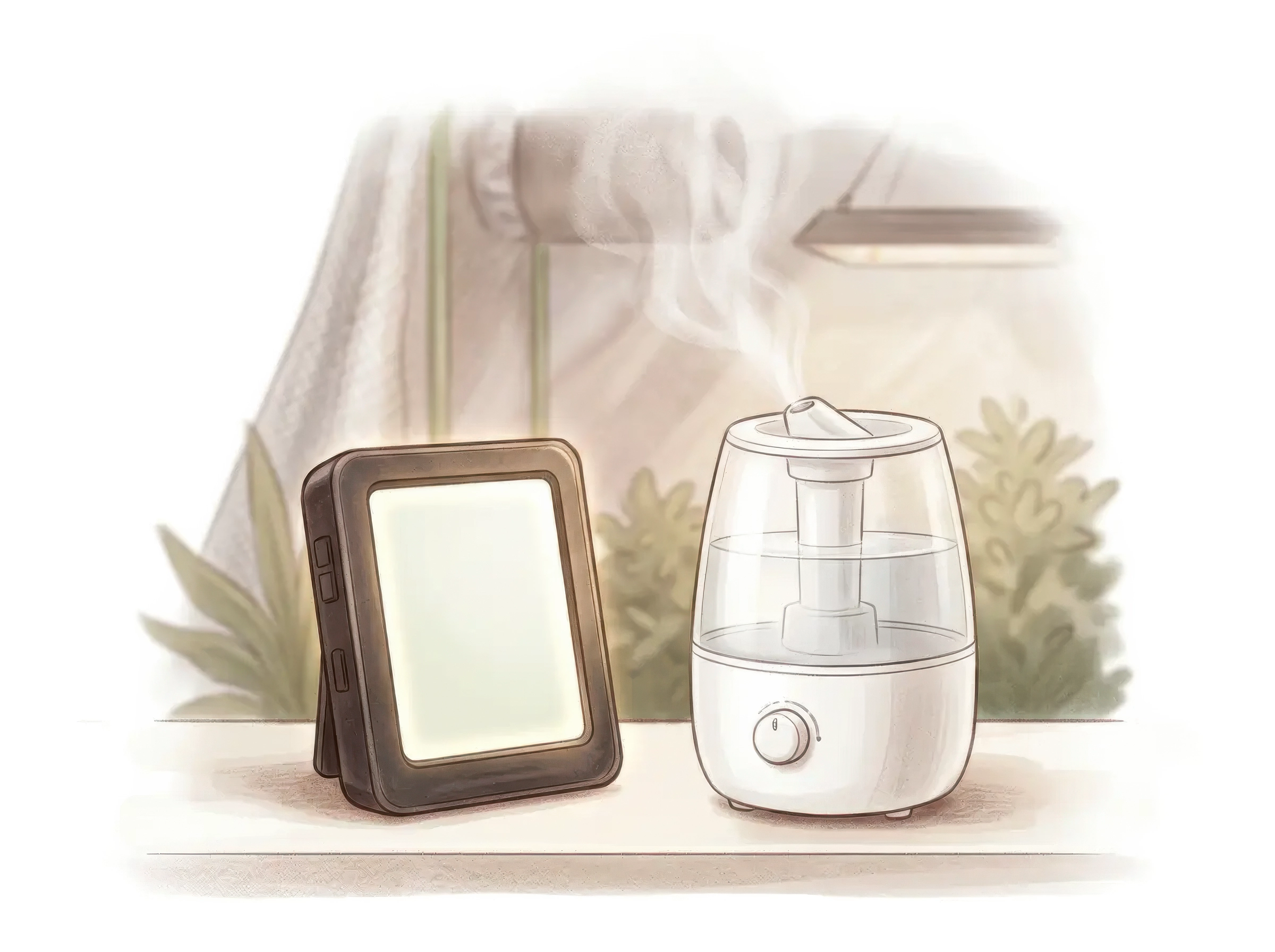 Hygrometer reading low humidity beside a humidifier