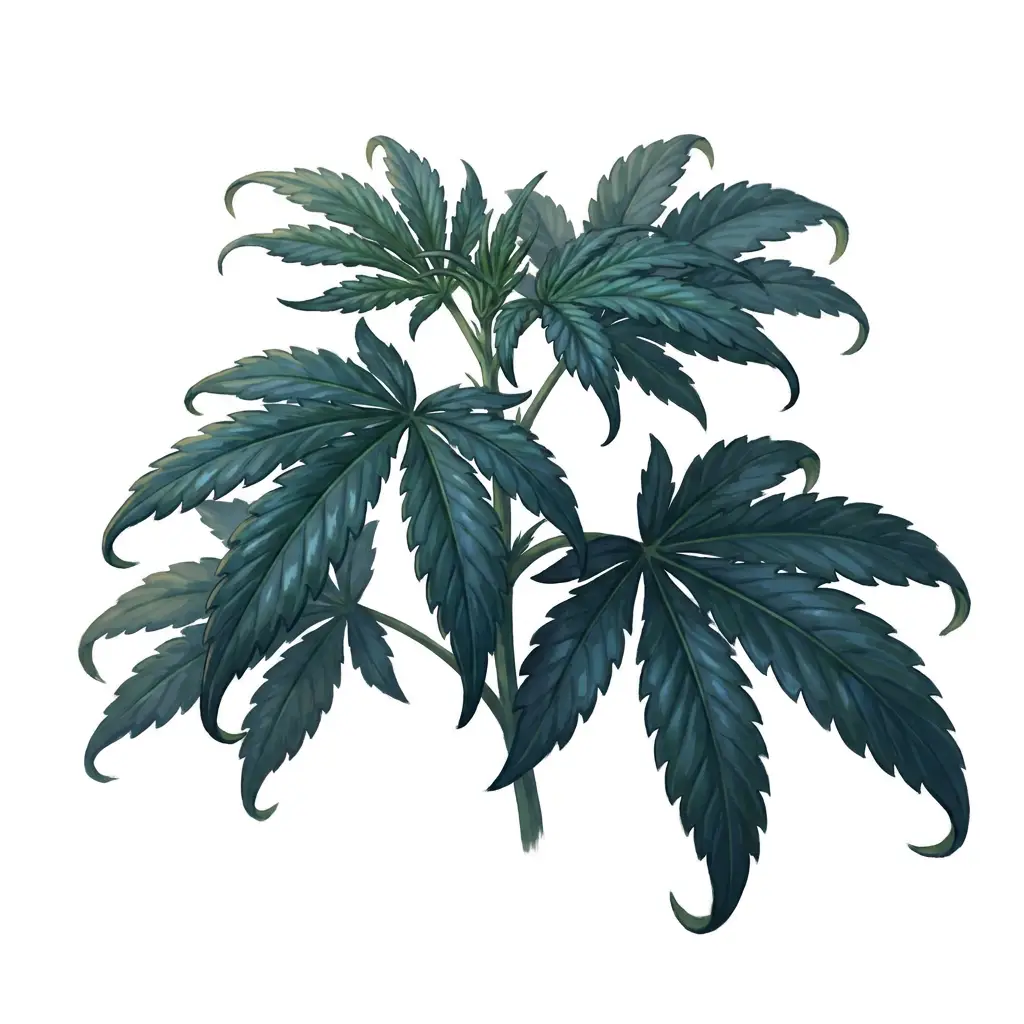 Cannabis leaf with nitrogen toxicity: dark green glossy leaf with clawing tips
