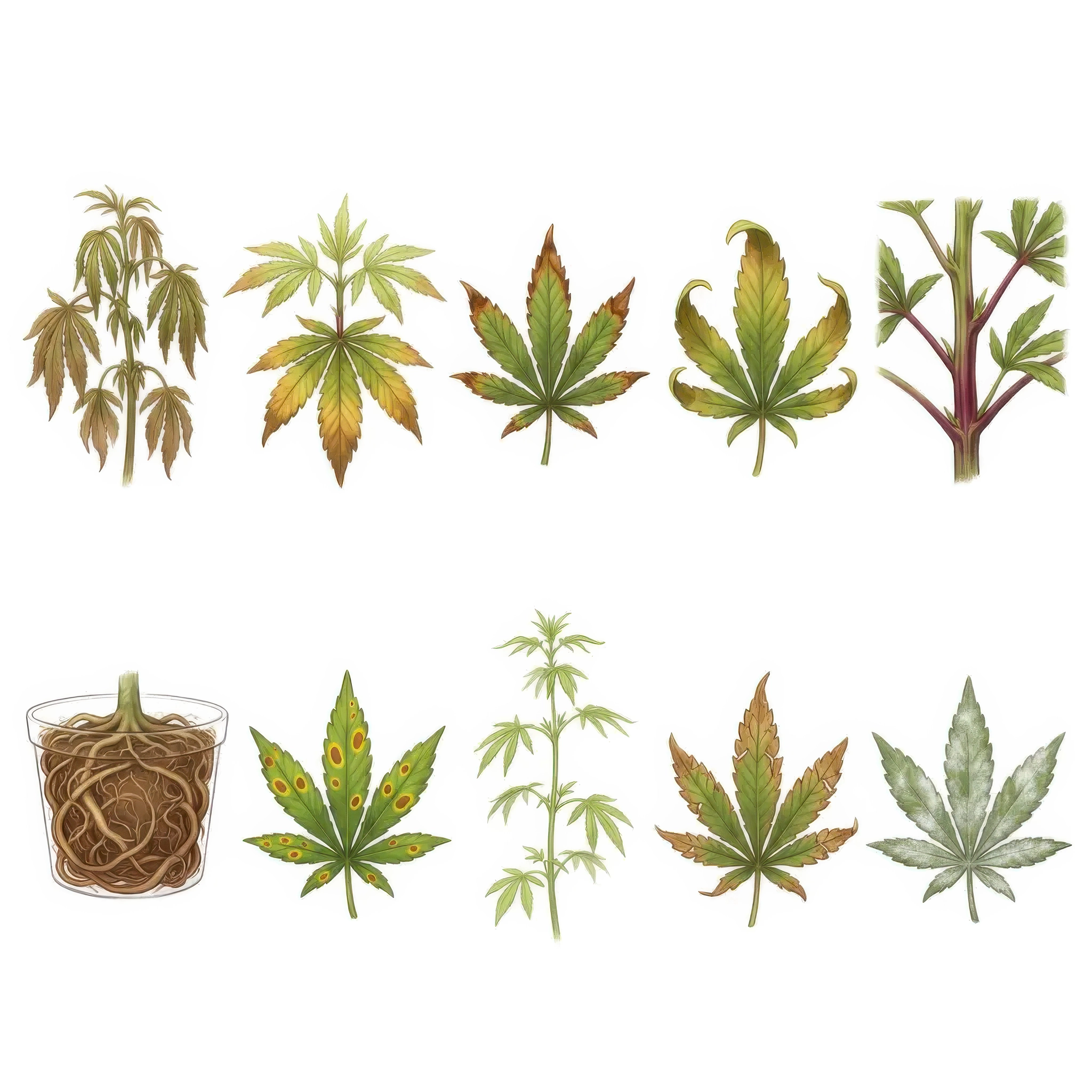 Quick-reference grid of ten common cannabis deficiency symptoms