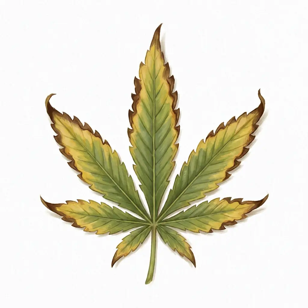 Cannabis leaf with potassium deficiency: burnt yellow-brown leaf margins