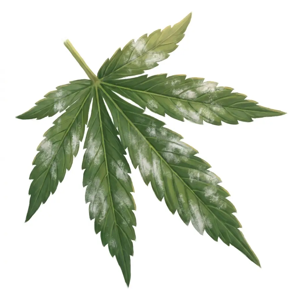 Cannabis leaf dusted with white powdery mildew