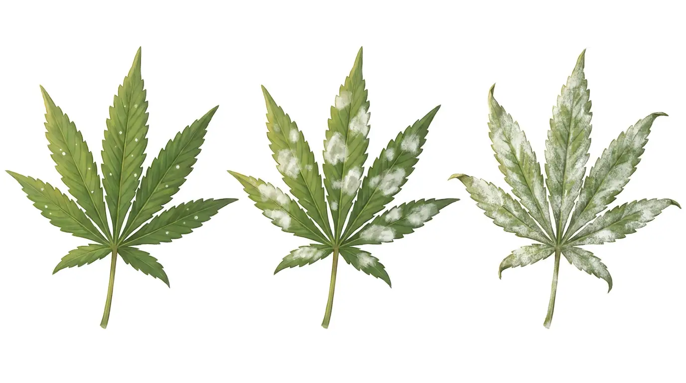 Powdery mildew progression from spots to full leaf coverage