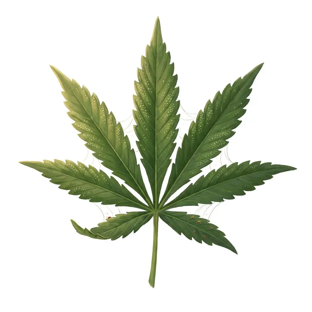 Cannabis leaf with spider mite damage: fine stippling and faint webbing