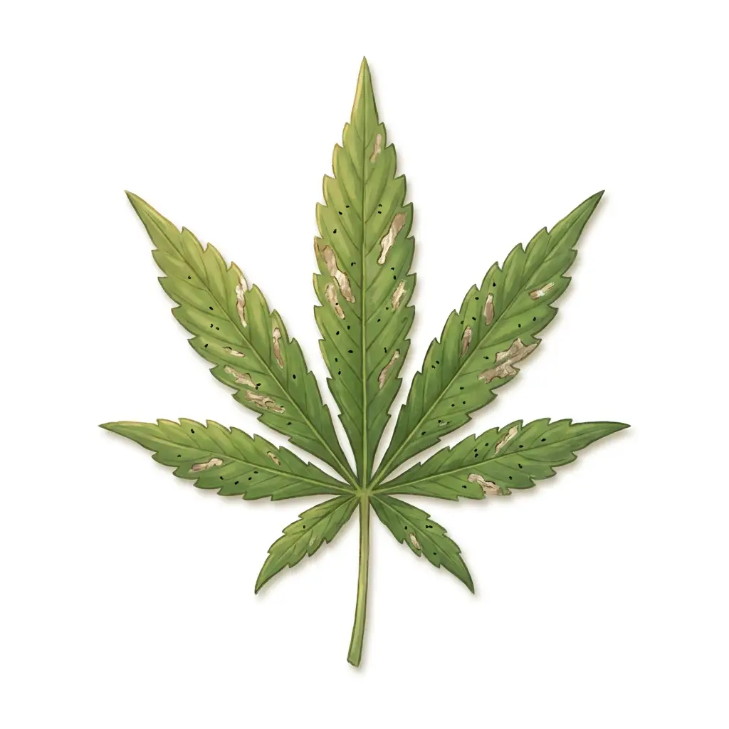 Cannabis leaf with silvery thrips damage and tiny black specks