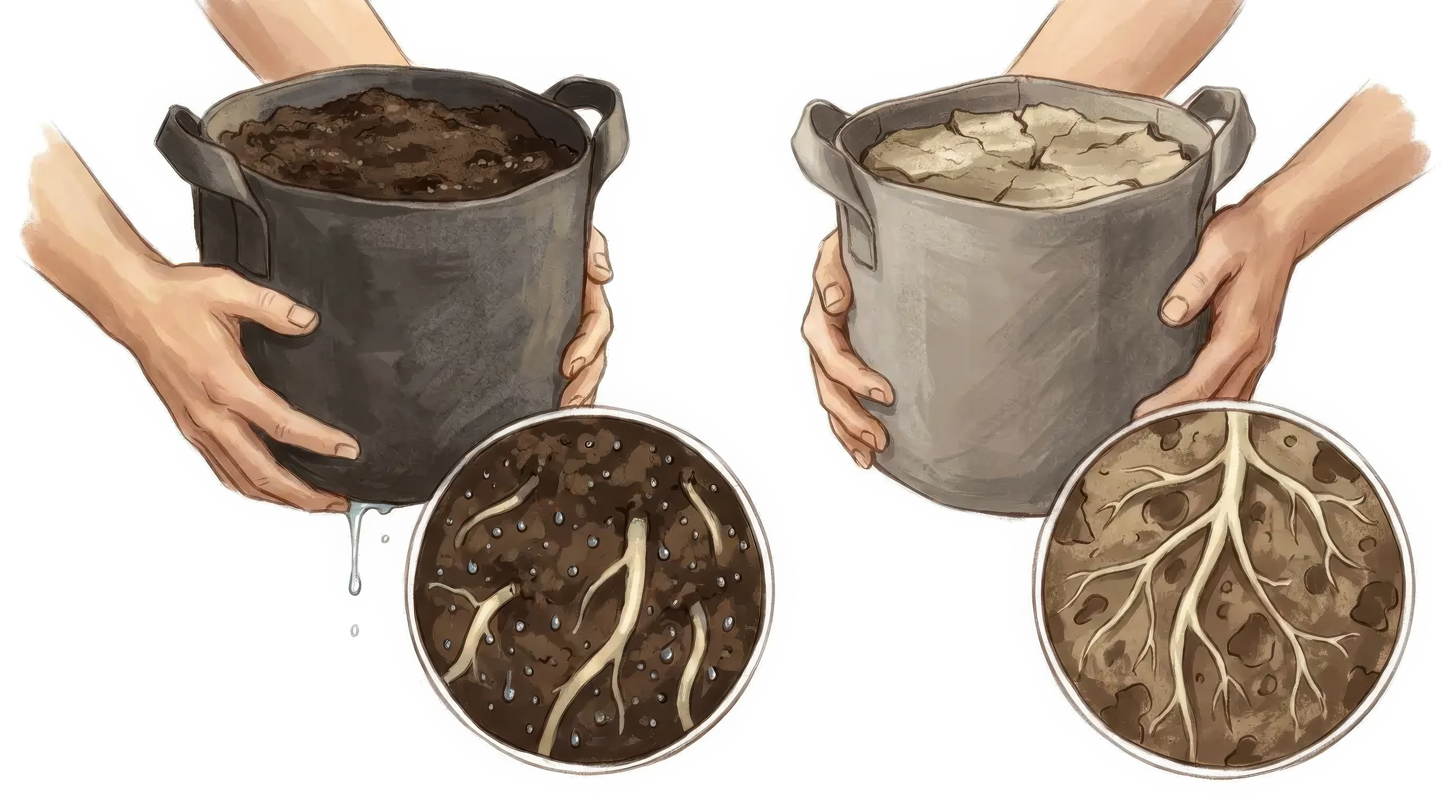 Lift test comparing a heavy watered pot against a light dry pot